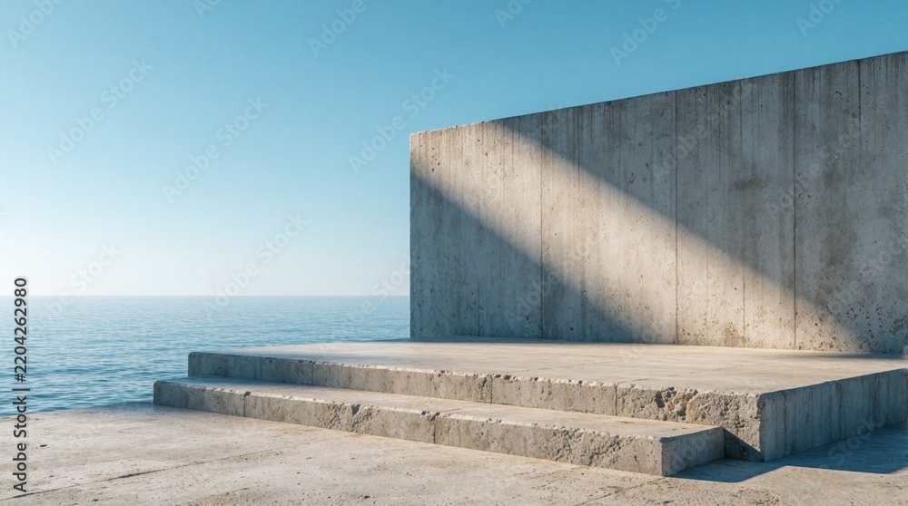 Fototapeta premium Minimalist concrete wall, stone platform near blue ocean. Geometric architecture with stpic sits under clear sky. Bright sunlight creates diagonal shadow on textured surface. Peaceful seascape with