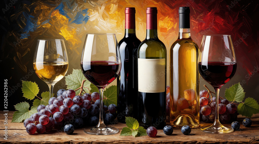 Obraz premium Assorted wine bottles, glasses with red, white wine on wooden table. Fresh purple grapes with green leaves nearby. Artistic oil painting style background with warm colors. Elegant alcohol drink setup