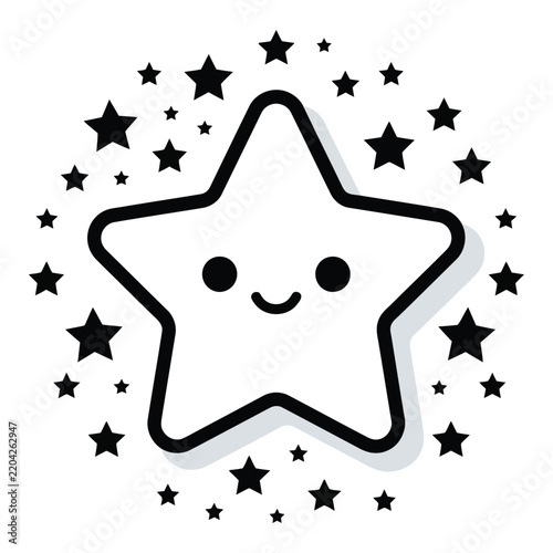 Smiling star character with surrounding sparkles is a black and white vector illustration