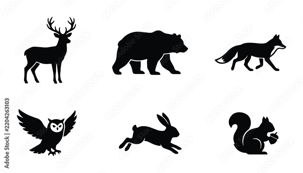 Obraz premium Forest Animal Silhouettes Vector Set: Deer, Bear, Fox, Owl, Rabbit, Squirrel Icons