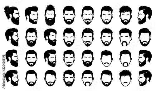 Fotografie Hipster beard mustache and men's hairstyle silhouette vector collection