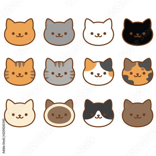 Collection of feline head icons in various colors and patterns on a white background