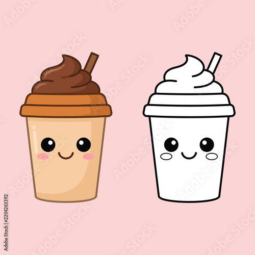 Two cartoon coffee cups with faces are depicted against a pale pink background