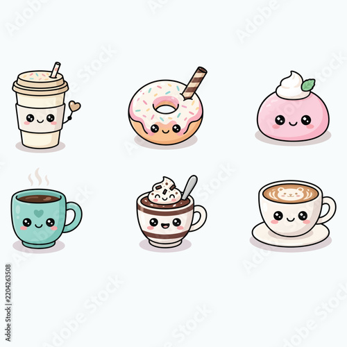 Kawaii coffee drinks and pastries illustration with cheerful faces on a white background