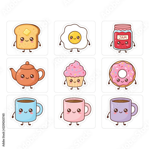Kawaii breakfast food illustrations with faces a vector set on a white background