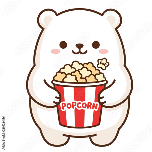 Polar bear character holds a red and white striped popcorn bucket