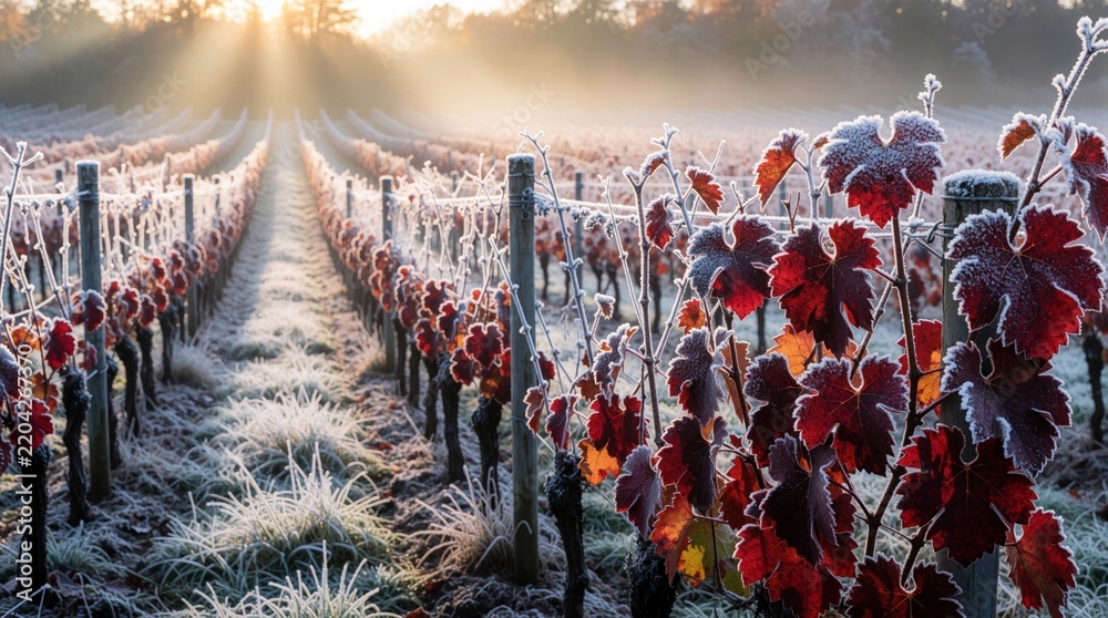 Obraz premium Frost covered grapevine leaves in vineyard during winter sunrise. Red autumn leaves covered with ice crystals on trellis rows. Cold morning sun shines through mist over frozen agricultural farm