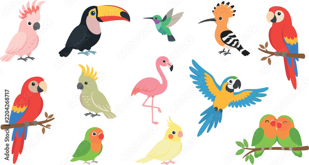 Obraz premium Exotic jungle bird vector collection including flat cartoon characters of cockatiel, hoopoe, and parakeet for zoo education, kids stickers, and summer holiday designs.
