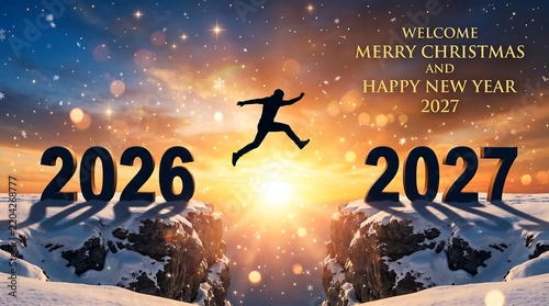 Silhouette leaping across snowy cliff gap from 2026 to 2027 Merry Christmas and Happy New Year Concept