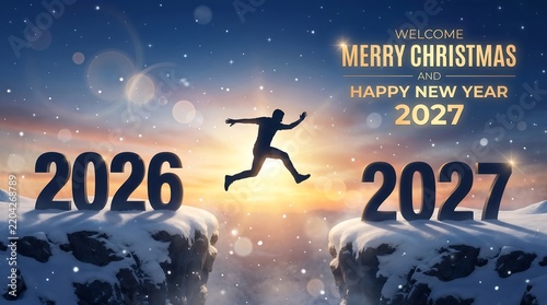 Person silhouette jumping across cliff gap from 2026 to 2027 for Merry Christmas and Happy New Year Concept