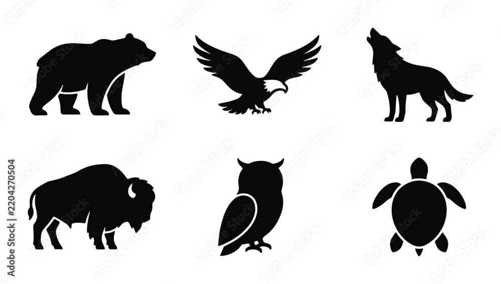Fototapeta premium Wildlife Silhouette Icons: Bear, Eagle, Wolf, Bison, Owl, Turtle Vector Set