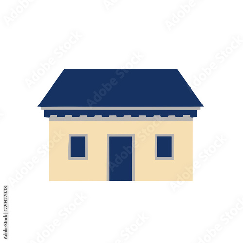 Simple beige house with blue roof