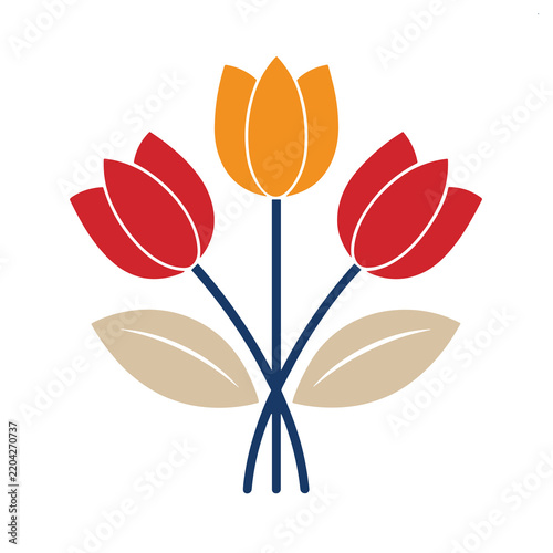 Stylized bouquet of three tulips with leaves