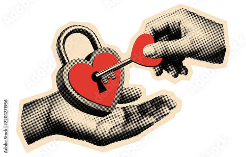 Heart-shaped Lock and Key Vintage Halftone Love Concept Illustration for Valentine's Day