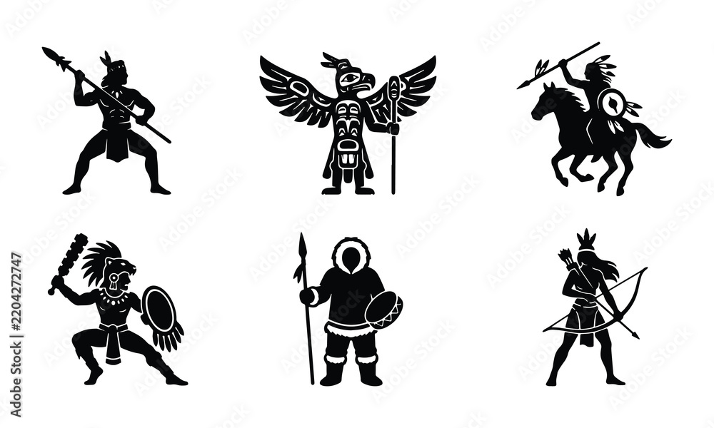 Fototapeta premium Indigenous Warrior Icons Set: Native American, Inuit Hunter, Tribal Fighter, Cavalry Soldier, Archer