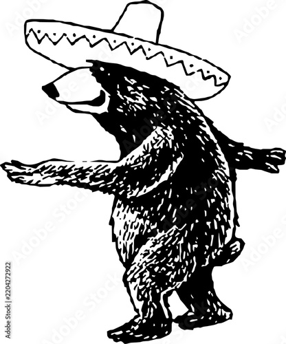 ink illustration of a bear wearing sombrero doing a dance move