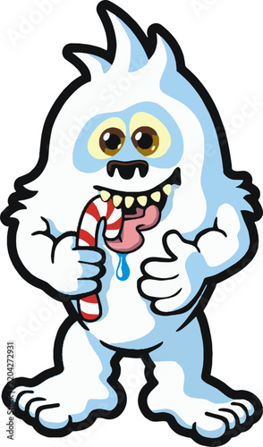 simple vector cartoon illustration of an abominable snowman or yeti holding a candy cane