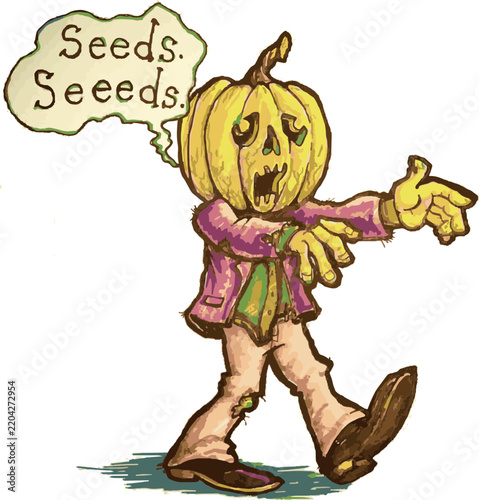 fun halloween illustration of a zombie with a jack-o-lantern/pumpkin head