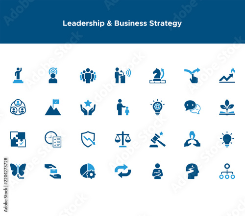 Leadership and Business Strategy Blue Icon Set   Management, Innovation, Growth and Teamwork Vector