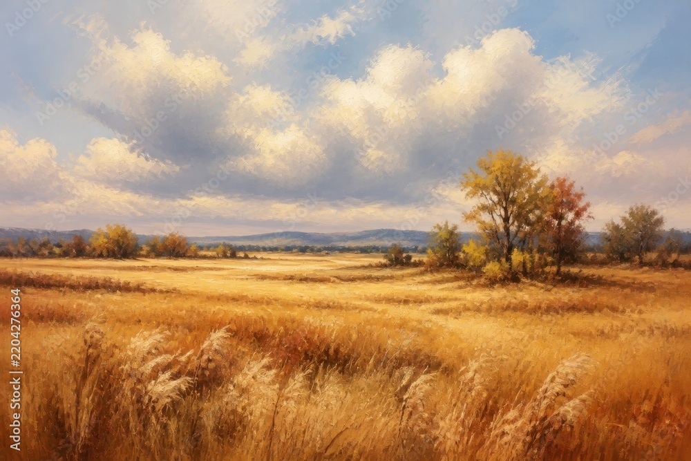 Obraz premium Golden autumn meadow with cloudy sky and distant trees
