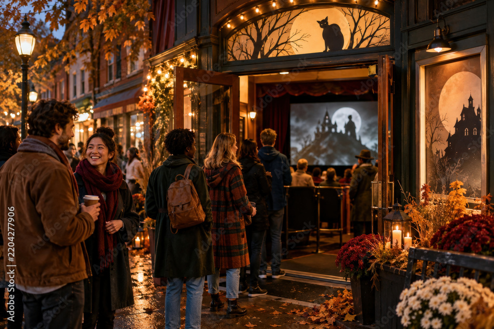 Fototapeta premium Neighborhood Halloween Cinema Evening with Guests Gathering outside the Entrance