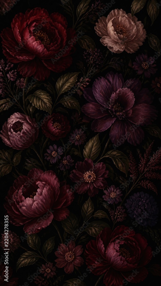 Fototapeta premium Dark floral botanical pattern mobile wallpaper with moody burgundy blooms