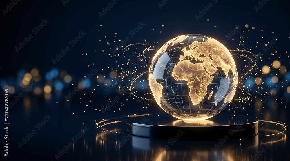 Glowing globe with digital data streams representing global technology ...