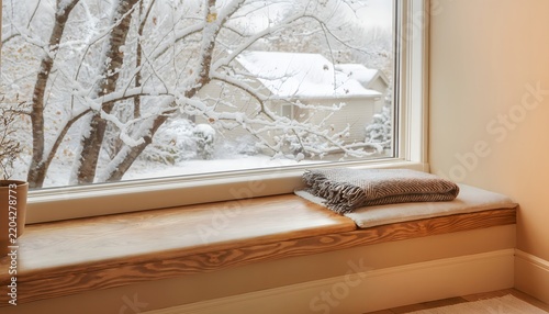 Empty Wooden Window Seat with Folded Wool Blanket Overlooking the First Snow and Bare Trees, Cozy Winter Interior Scene