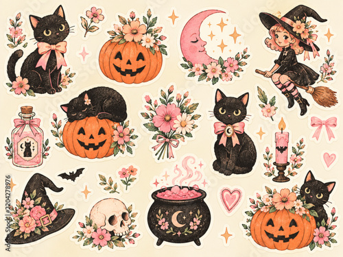 Vintage Halloween Pink Pastel Digital Illustrations Black Cat Pumpkin Witch Floral