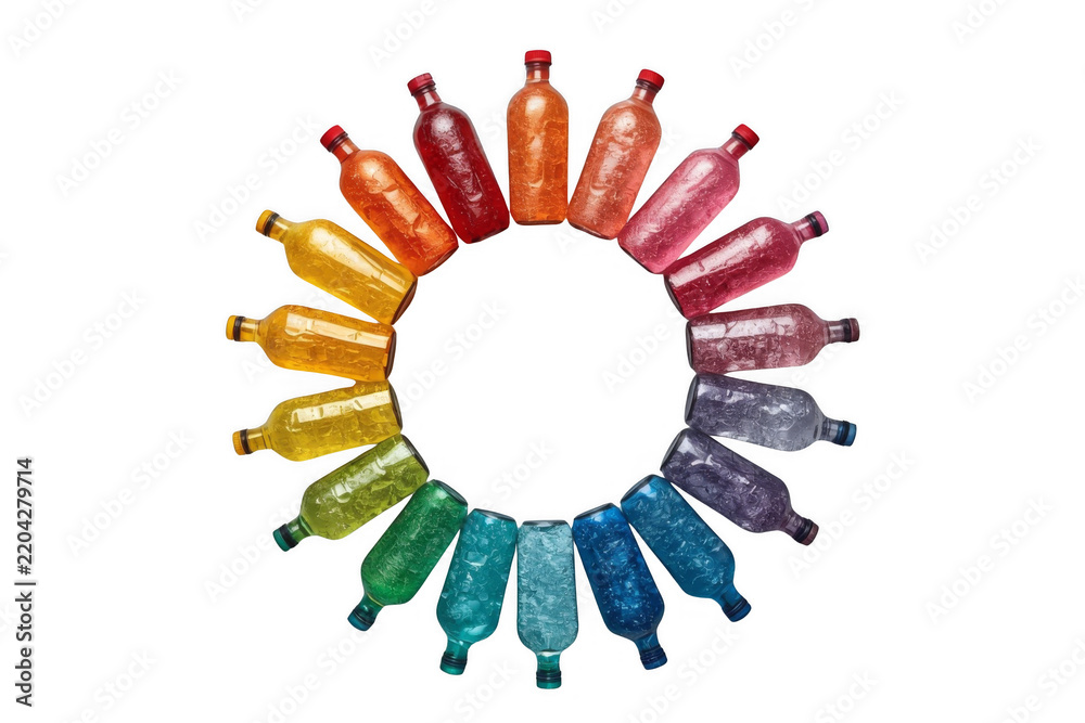 Obraz premium Rainbow colored plastic bottles forming a circular ring