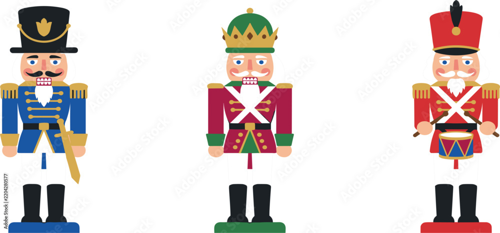 Obraz premium Traditional Christmas nutcracker character set featuring flat vector illustrations of king soldier and drummer