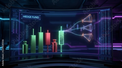 Futuristic digital hedge fund trading dashboard with candlestick charts