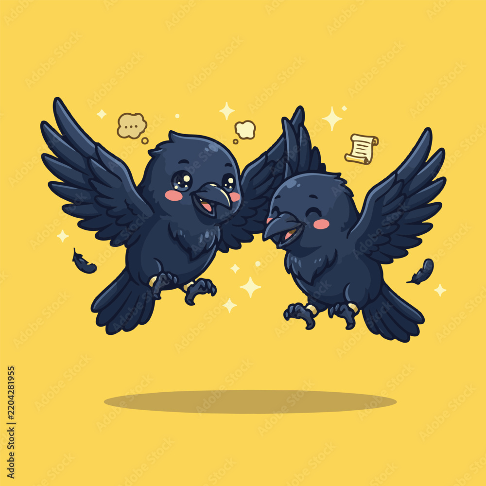 Fototapeta premium Cute Chibi Huginn and Muninn Nordic Ravens Vector