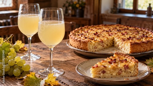 Deutscher Federweißer mit traditionellem Zwiebelkuchen, hellen Weintrauben und herbstlichem Weinlaub auf einem rustikalen Holztisch in gemütlicher Gaststube.