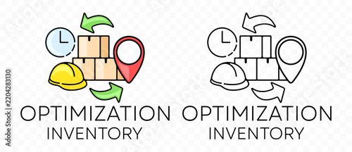 Vector illustration of inventory optimization process with cardboard boxes, safety helmet, map pins, clock, and circular arrows representing logistics workflow and stock turnover.