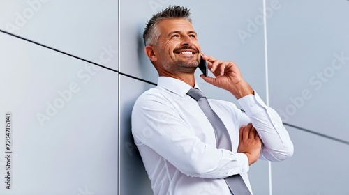 Smiling businessman talking on smartphone, showcasing confidence and professionalism.