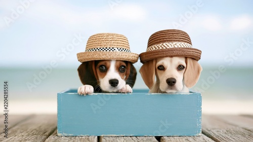 Two adorable beagle puppies wearing hats, enjoying a sunny day at the beach.