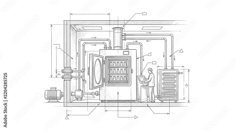 Fototapeta premium Industrial engineering blueprint featuring a specialized laboratory device with internal chambers and control console.