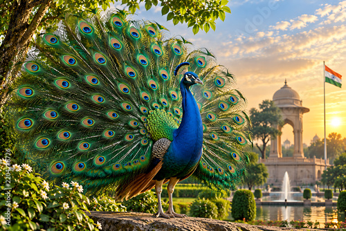 Majestic Indian peacock displaying its vibrant colorful tail feathers in a lush garden with warm evening sunlight.