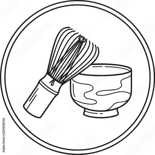 Line art illustration of a bamboo matcha whisk and a traditional japanese tea bowl tea day