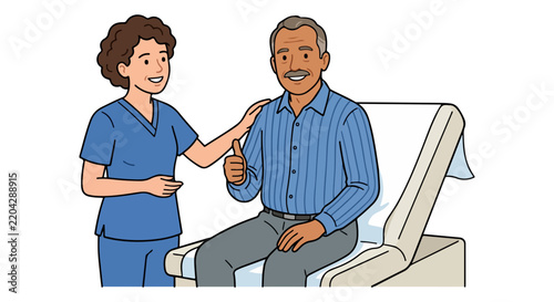 Illustration of a nurse with an elderly patient giving a thumbs-up in a medical exam room.