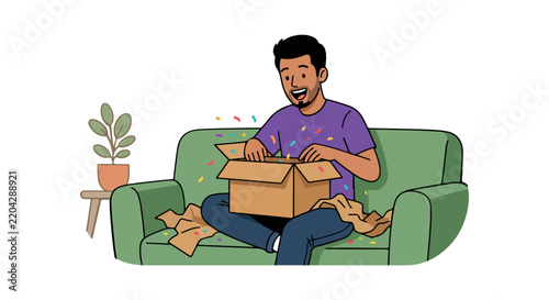 Man sitting on a sofa opening a cardboard box, expressing joy and surprise.