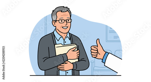 Illustration of a doctor giving a thumbs-up to a patient in a doctor's office.