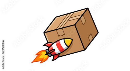Cardboard box with an attached rocket, symbolizing fast delivery and shipping services.