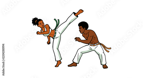 Two people practicing capoeira, with a woman lifting one leg and a man in a defensive stance.