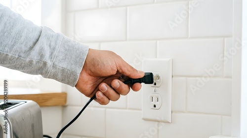 Hand plugging a black power cord into a white electrical wall outlet
