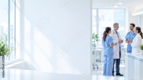 Medical team discussing cases in bright modern clinic hallway, copy space on left