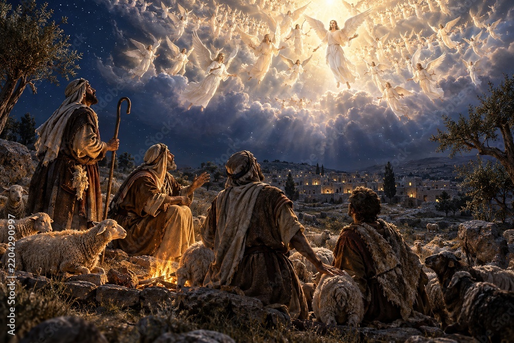 Fototapeta premium Shepherds by campfire amazed watching heavenly host of angels in night sky, biblical scene announcing Christ's birth