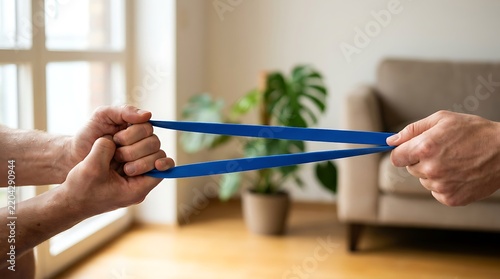 Two hands stretching a blue resistance band for exercise indoors