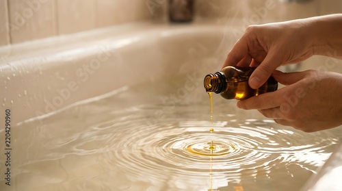 Person pouring essential oil into a warm bath creating ripples in the water